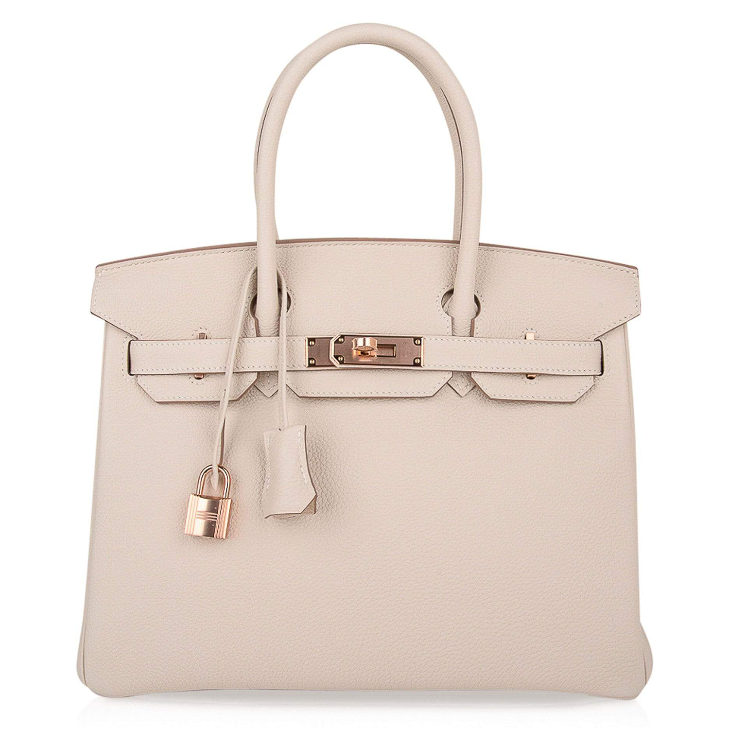 Gentle Pale Chalk Neutral Grain Medium Structured Trapezoid Tote With Warm Blush Rose Gold Twist Lock Hardware And Matching Suspended Metal Padlock Charm