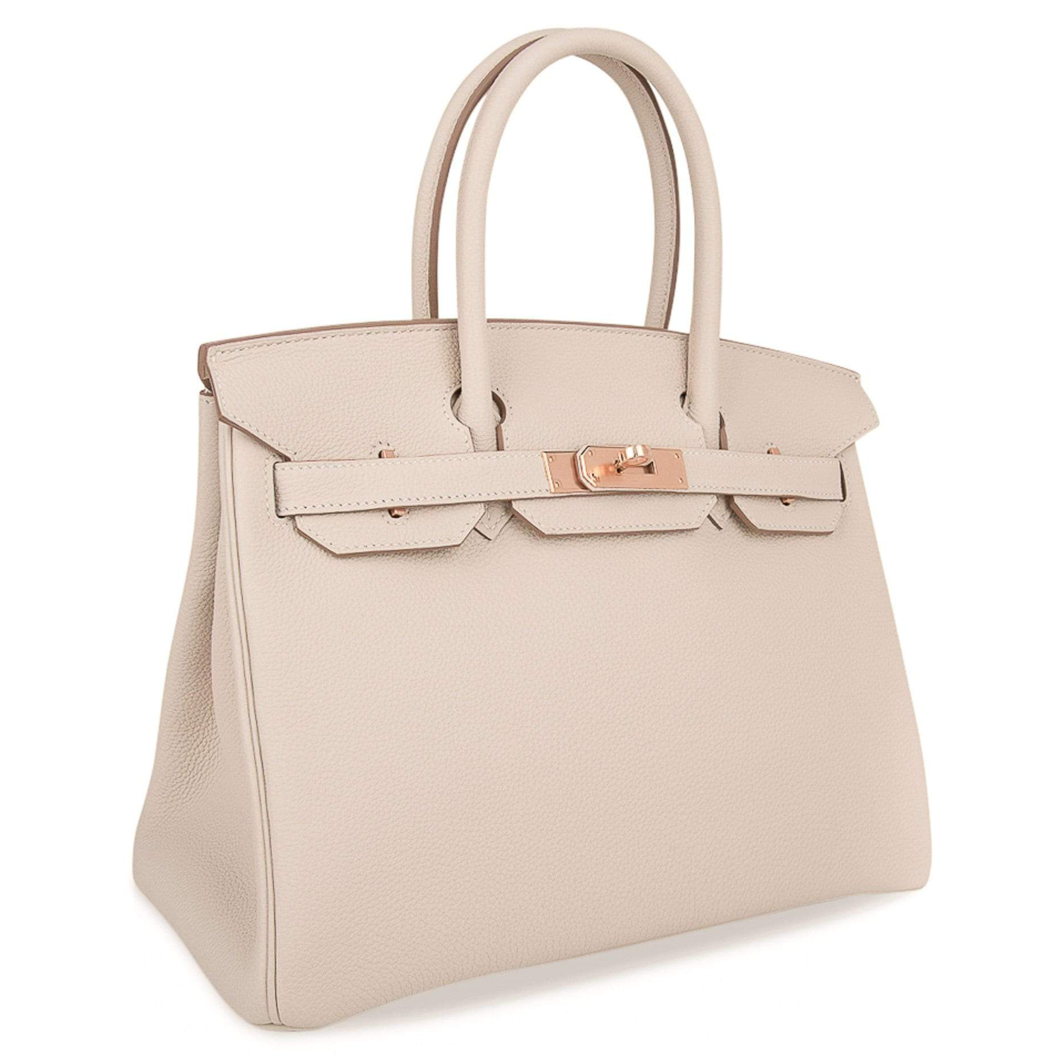 Gentle Pale Chalk Neutral Grain Medium Structured Trapezoid Tote With Warm Blush Rose Gold Twist Lock Hardware And Matching Suspended Metal Padlock Charm