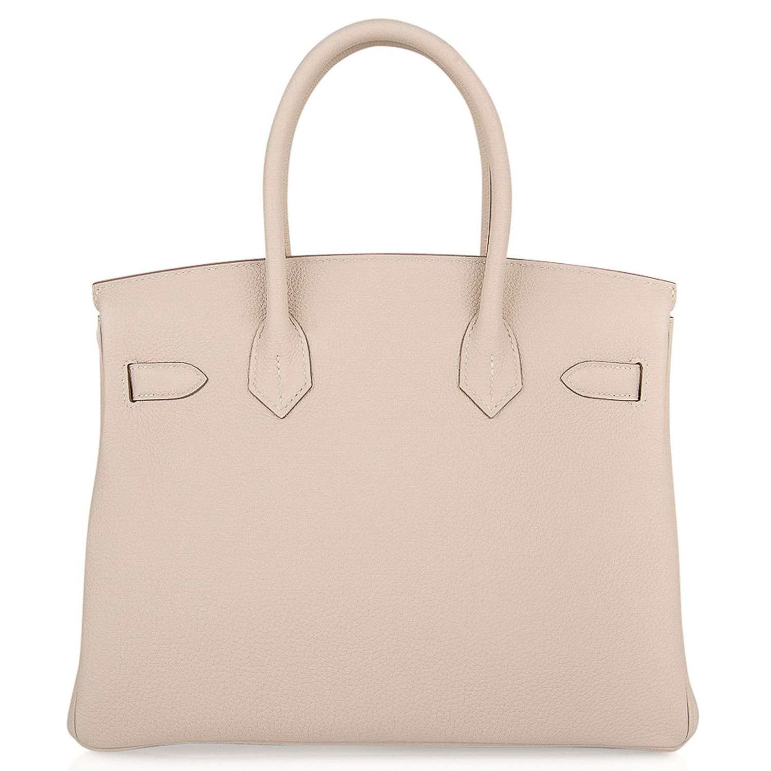 Gentle Pale Chalk Neutral Grain Medium Structured Trapezoid Tote With Warm Blush Rose Gold Twist Lock Hardware And Matching Suspended Metal Padlock Charm