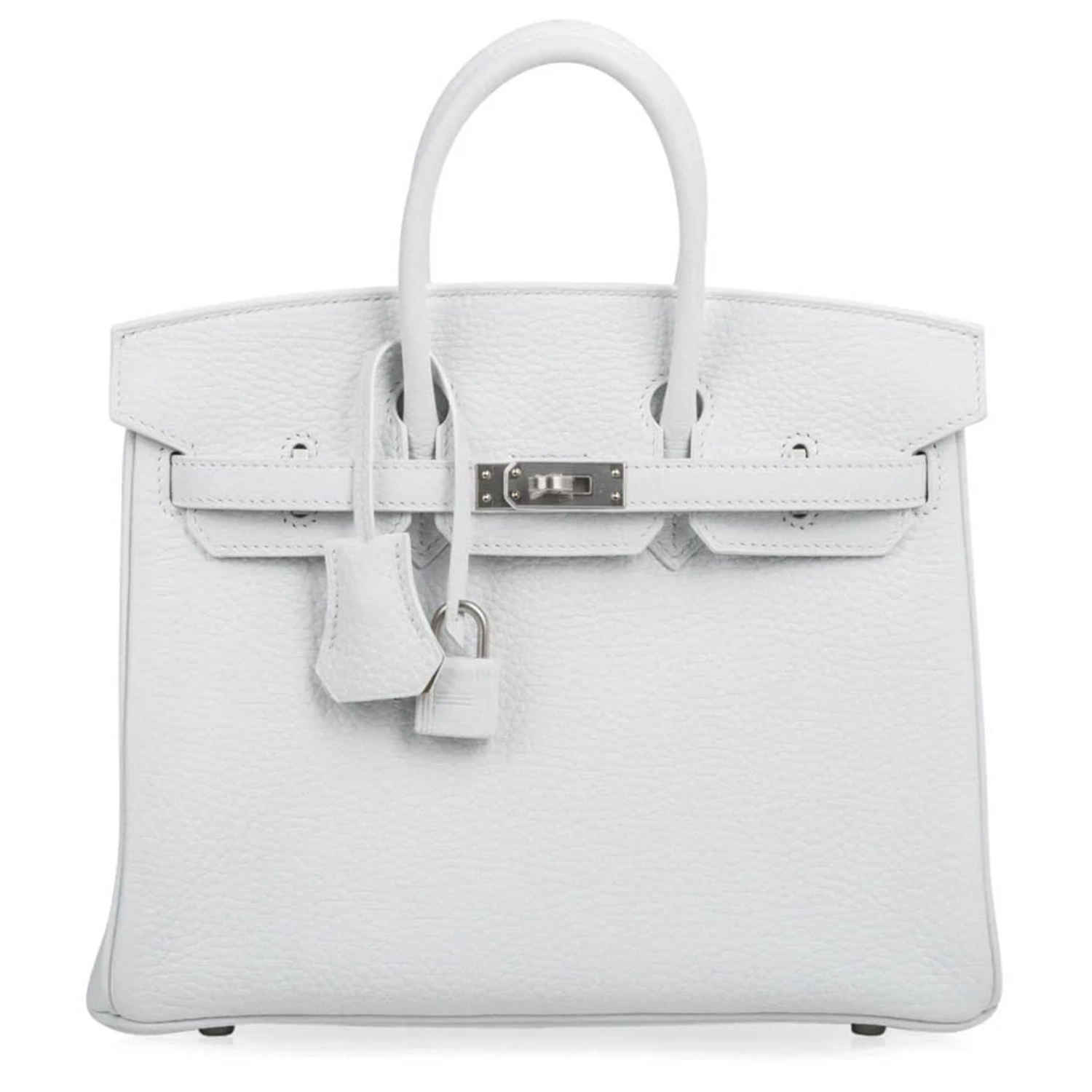 Bright Pure White Textured Compact Trapezoid Tote With Brushed Muted Silvery Hardware And Warm Neutral Tan Contrast Inner Lining