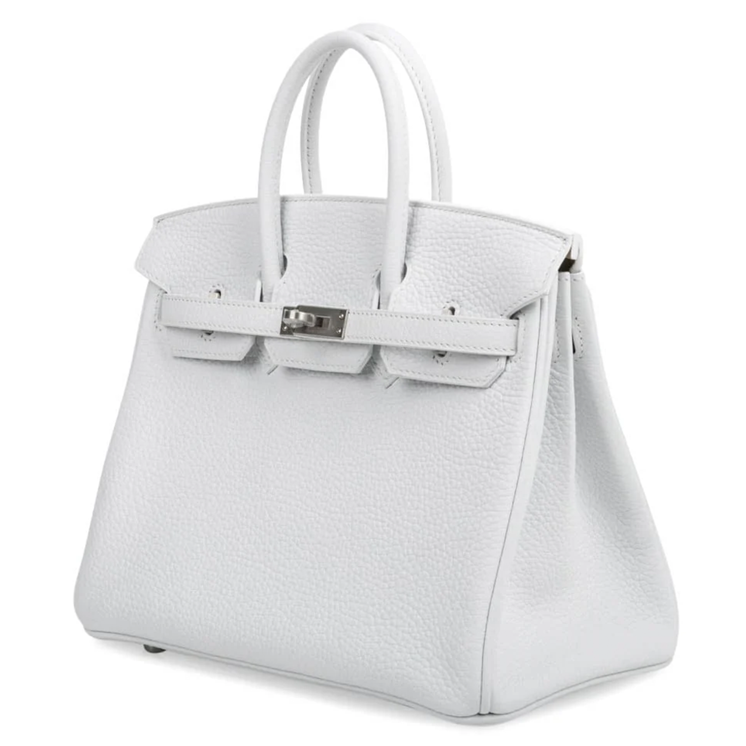 Bright Pure White Textured Compact Trapezoid Tote With Brushed Muted Silvery Hardware And Warm Neutral Tan Contrast Inner Lining