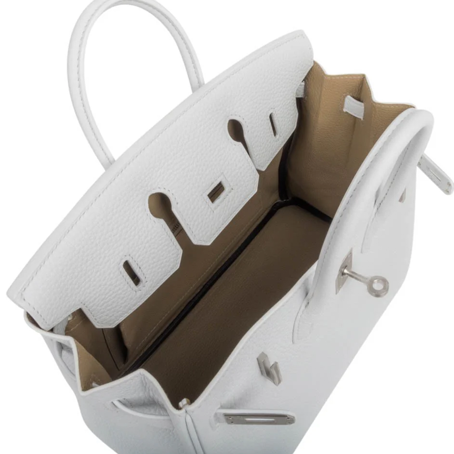 Bright Pure White Textured Compact Trapezoid Tote With Brushed Muted Silvery Hardware And Warm Neutral Tan Contrast Inner Lining