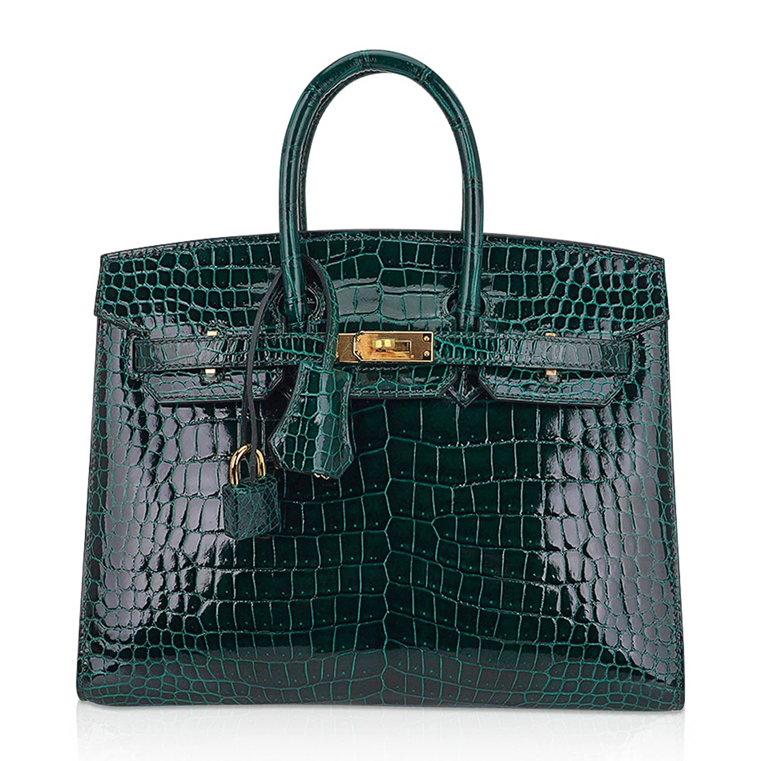 Lustrous Deep Emerald Jewel Scaled Sharp Edge Compact Trapezoid Tote With Luminous Warm Golden Twist Lock Hardware And Matching Scaled Suspended Padlock Charm