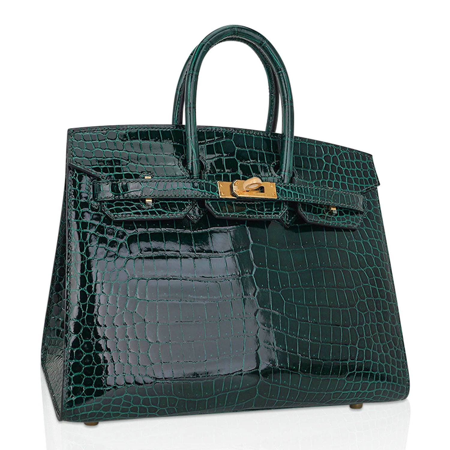 Lustrous Deep Emerald Jewel Scaled Sharp Edge Compact Trapezoid Tote With Luminous Warm Golden Twist Lock Hardware And Matching Scaled Suspended Padlock Charm