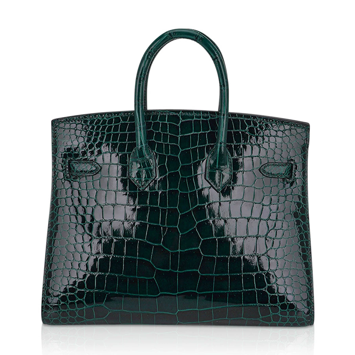 Lustrous Deep Emerald Jewel Scaled Sharp Edge Compact Trapezoid Tote With Luminous Warm Golden Twist Lock Hardware And Matching Scaled Suspended Padlock Charm