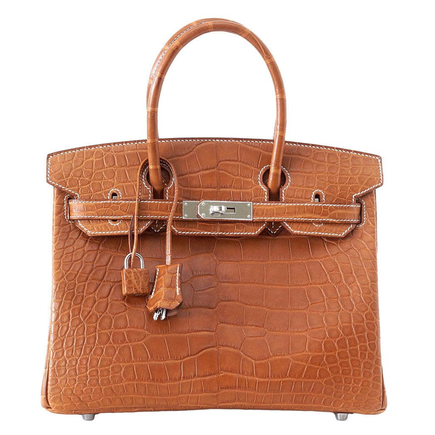 Warm Vintage Amber Tan Matte Scaled Medium Structured Trapezoid Tote With Cool Silvery Twist Lock Hardware And Delicate Off White Contrast Edge Stitching