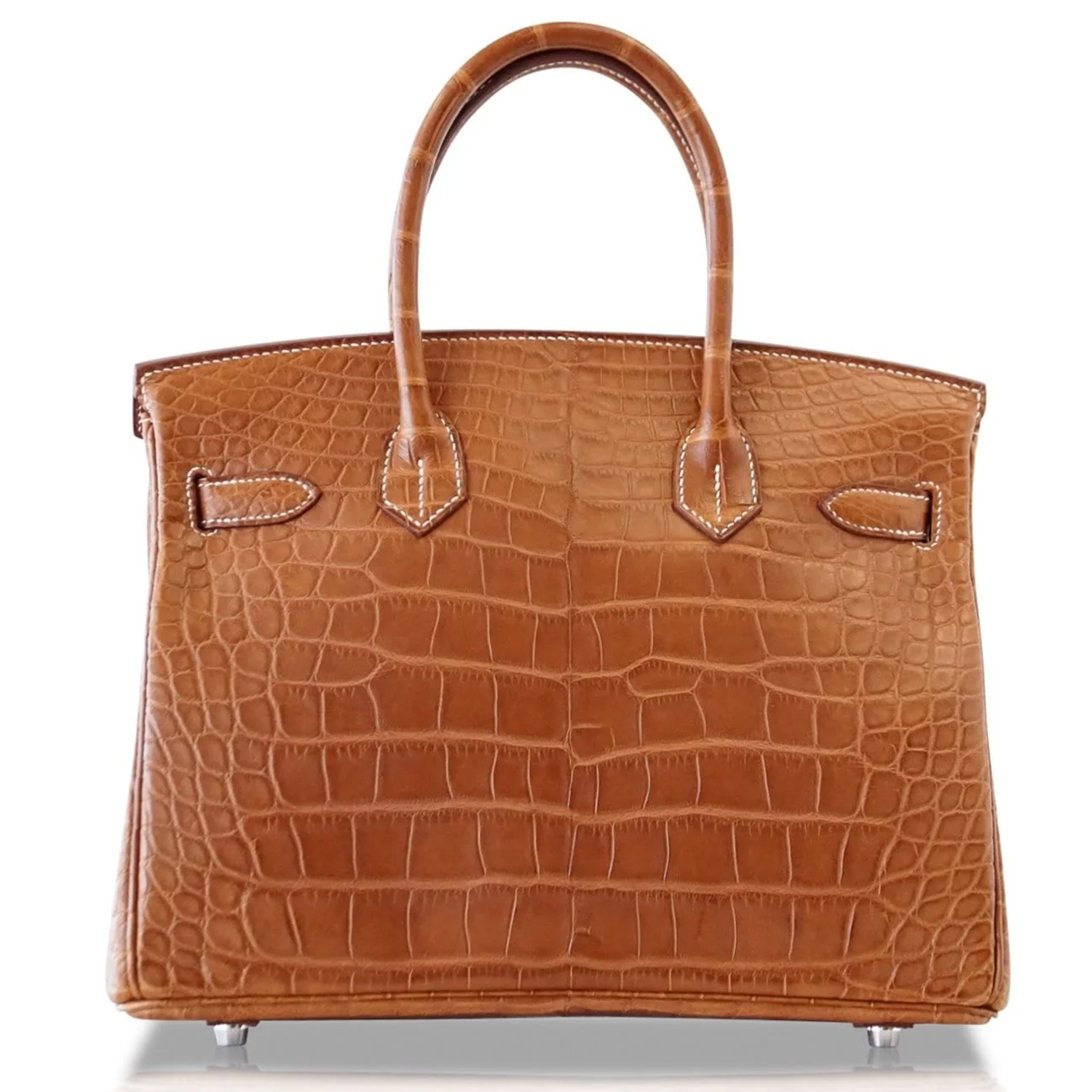 Warm Vintage Amber Tan Matte Scaled Medium Structured Trapezoid Tote With Cool Silvery Twist Lock Hardware And Delicate Off White Contrast Edge Stitching