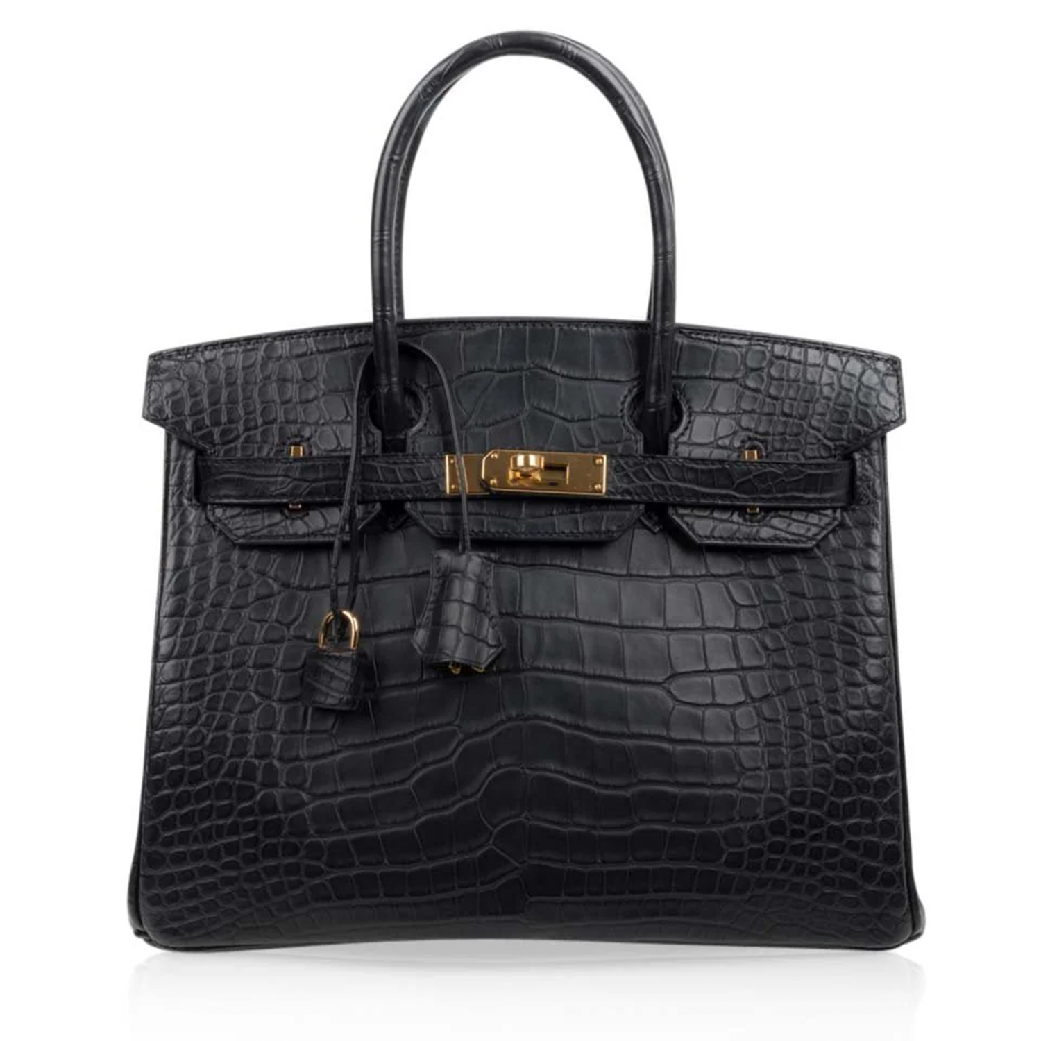 Deep Jet Black Matte Scaled Medium Trapezoid Structured Tote With Radiant Warm Golden Twist Lock Hardware And Matching Suspended Scaled Metal Padlock Charm