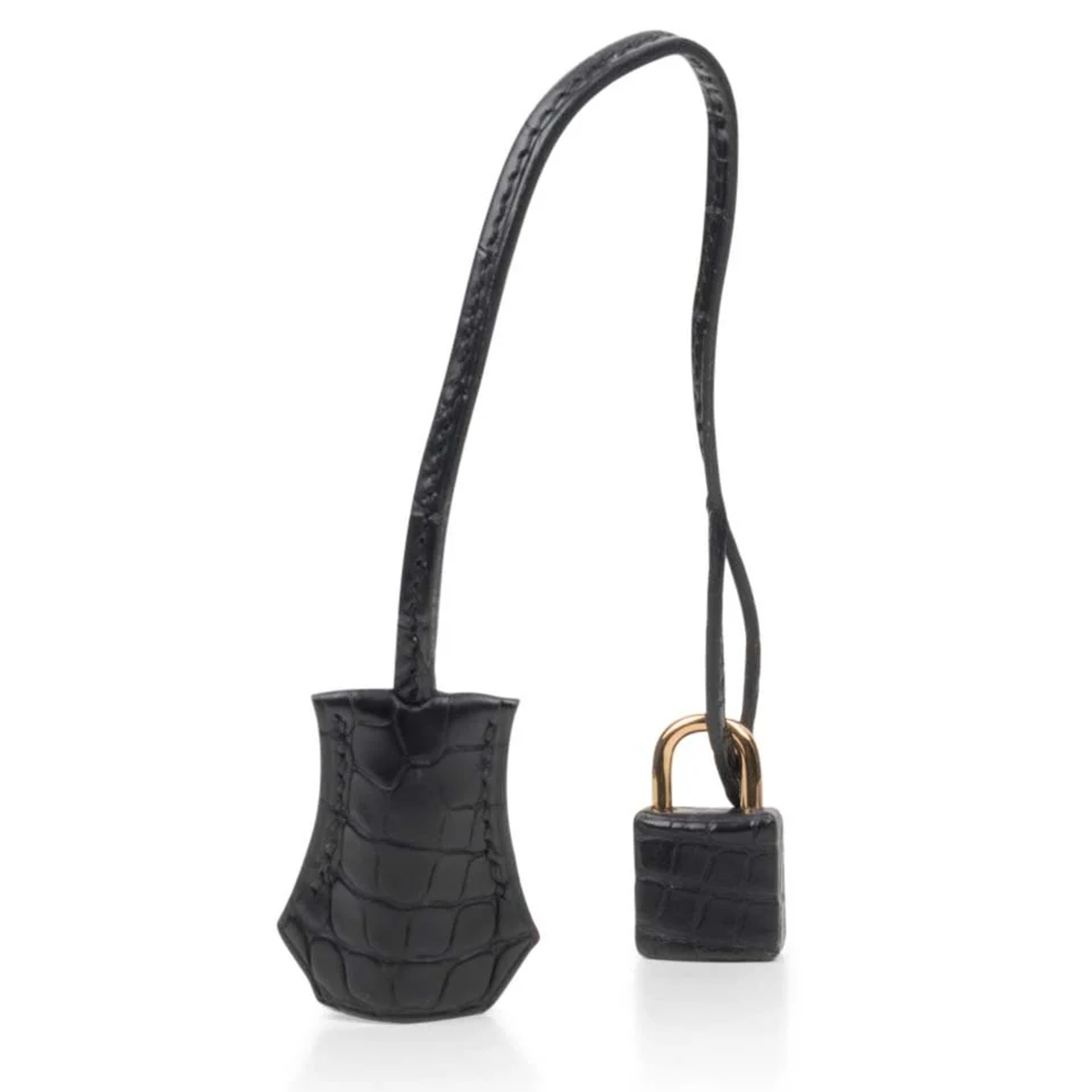 Deep Jet Black Matte Scaled Medium Trapezoid Structured Tote With Radiant Warm Golden Twist Lock Hardware And Matching Suspended Scaled Metal Padlock Charm
