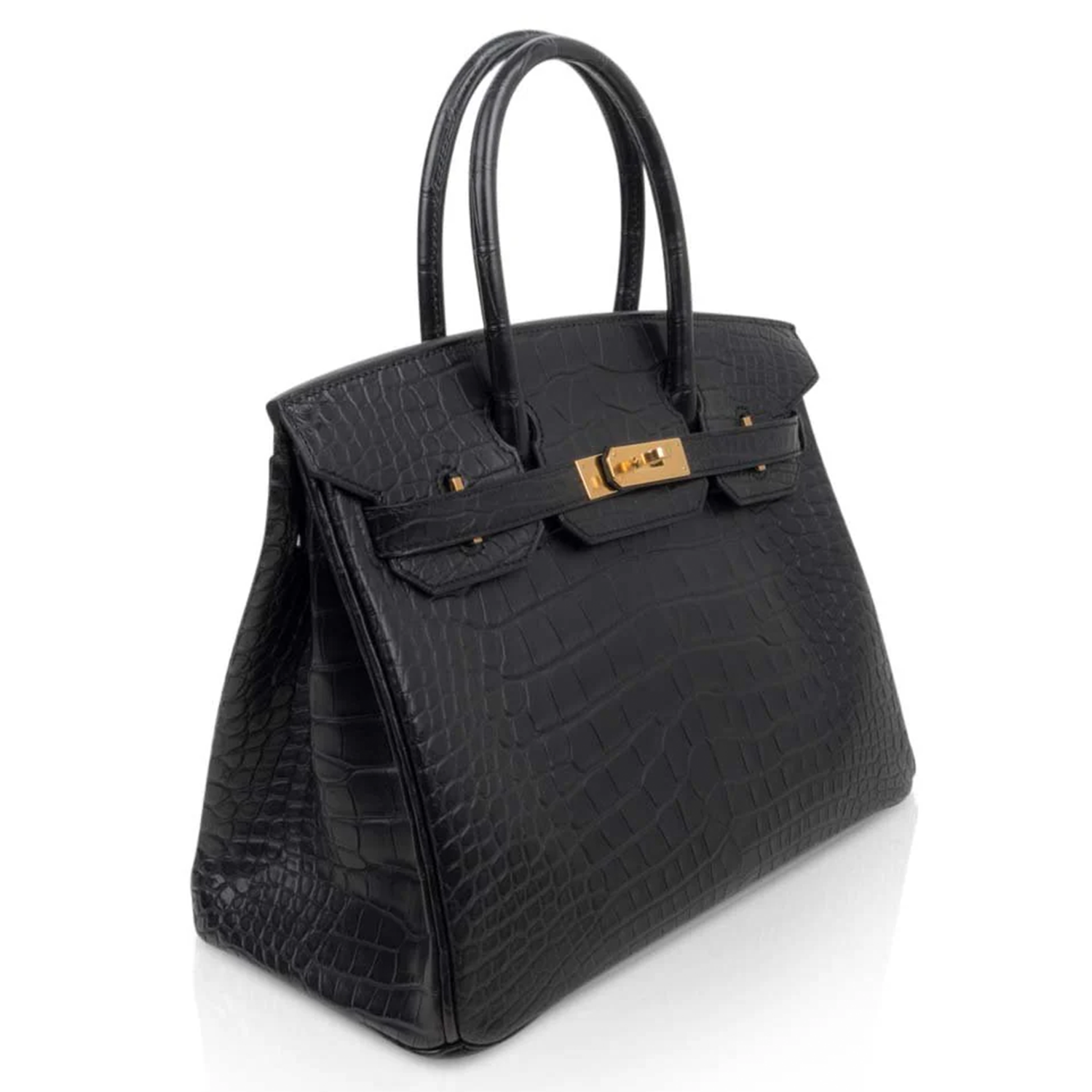 Deep Jet Black Matte Scaled Medium Trapezoid Structured Tote With Radiant Warm Golden Twist Lock Hardware And Matching Suspended Scaled Metal Padlock Charm