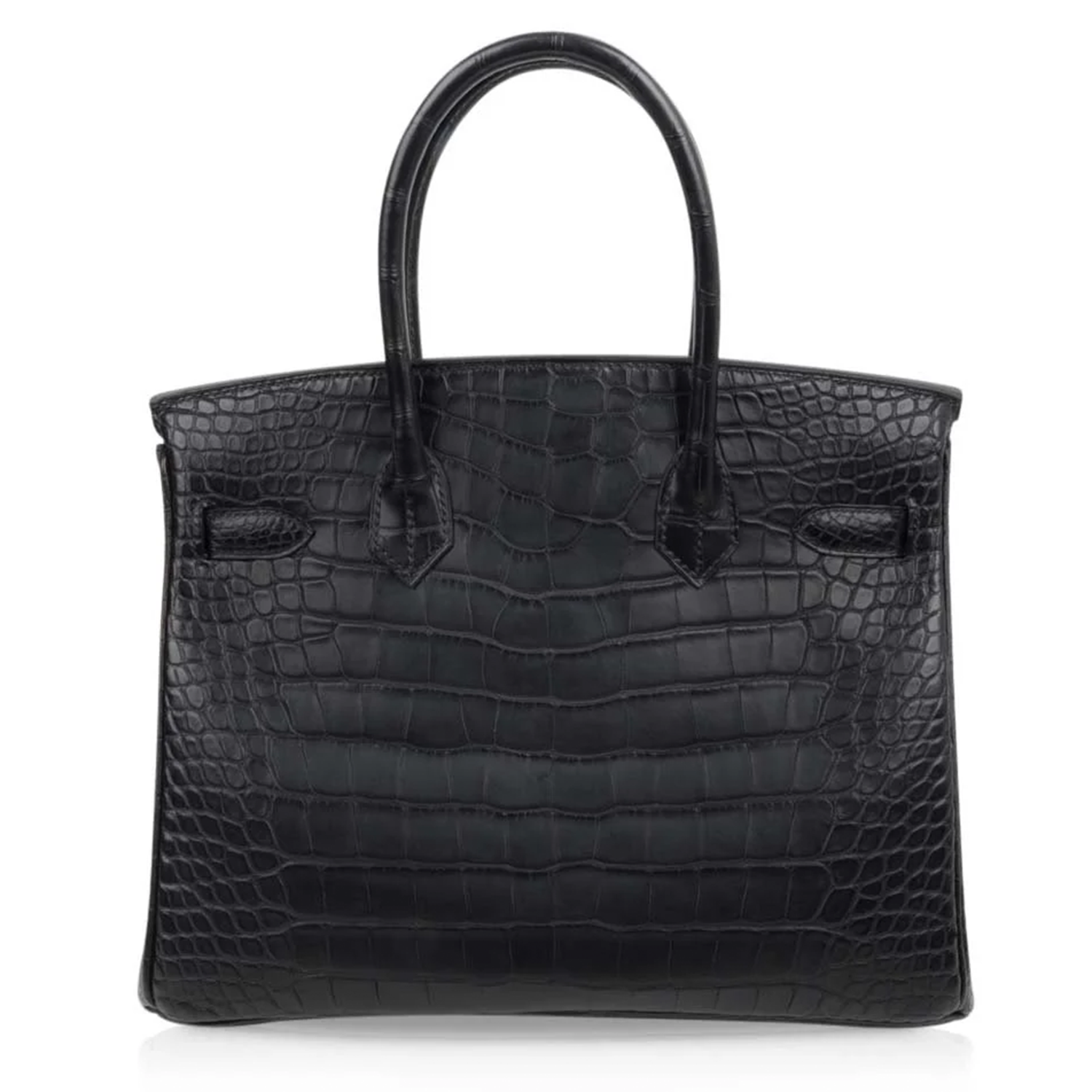 Deep Jet Black Matte Scaled Medium Trapezoid Structured Tote With Radiant Warm Golden Twist Lock Hardware And Matching Suspended Scaled Metal Padlock Charm